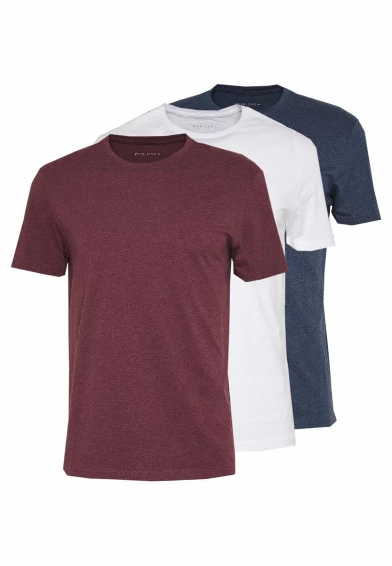 Pier One Uomo 3 PACK - T-shirt Basic - Mottled Bordeaux/white/blue 3 Pier One Uomo 3 PACK - T-shirt Basic - Mottled Bordeaux/white/blue