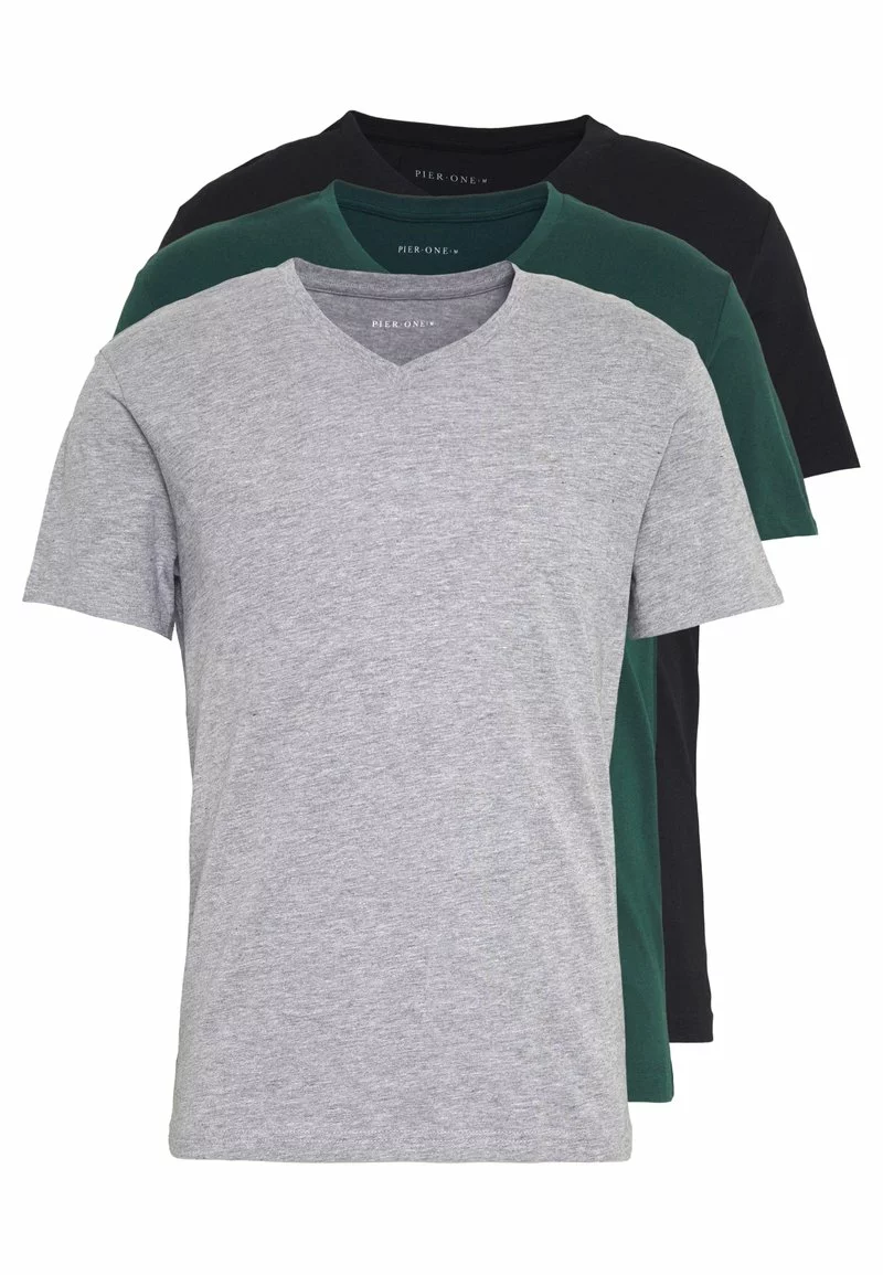 Pier One Uomo 3 PACK - T-shirt Basic - Black, Grey, Green 3 Pier One Uomo 3 PACK - T-shirt Basic - Black, Grey, Green