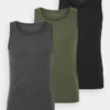 Pier One Uomo 3 PACK - Maglietta Intima - Black/khaki/mottled Dark Grey