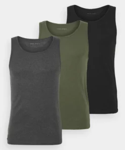 Pier One Uomo 3 PACK - Maglietta Intima - Black/khaki/mottled Dark Grey